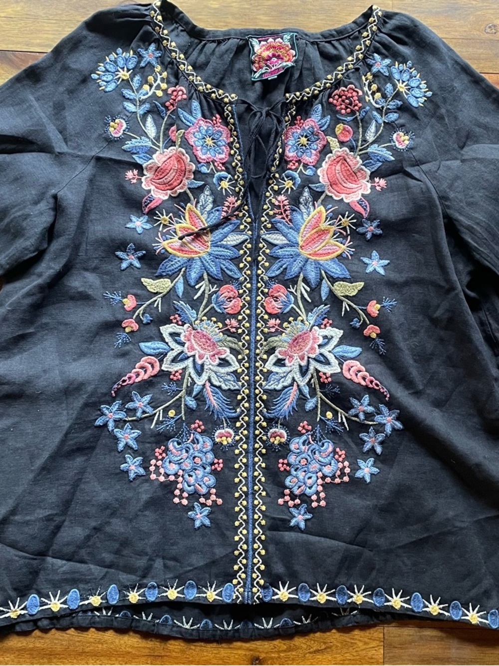Johnny Was Black Embroidered Floral Blouse with Pink Blue Yellow Accents